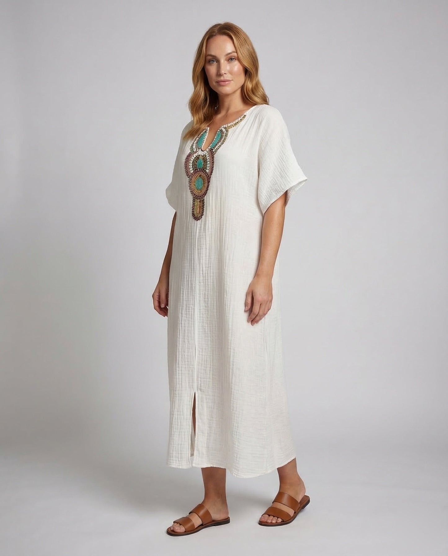 Abito Maxi Donna in Gasa Ricamata Stile Boho - Brentozzi