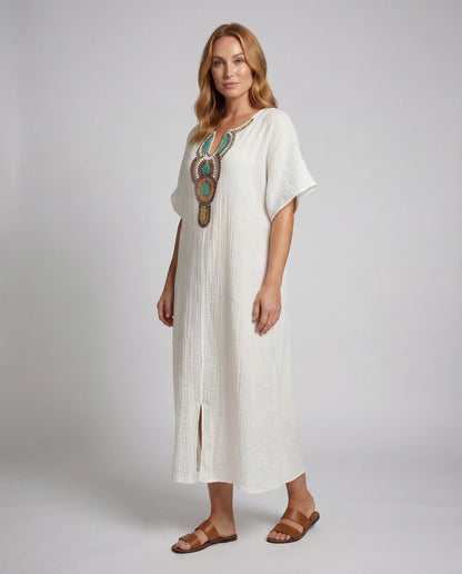 Abito Maxi Donna in Gasa Ricamata Stile Boho - Brentozzi