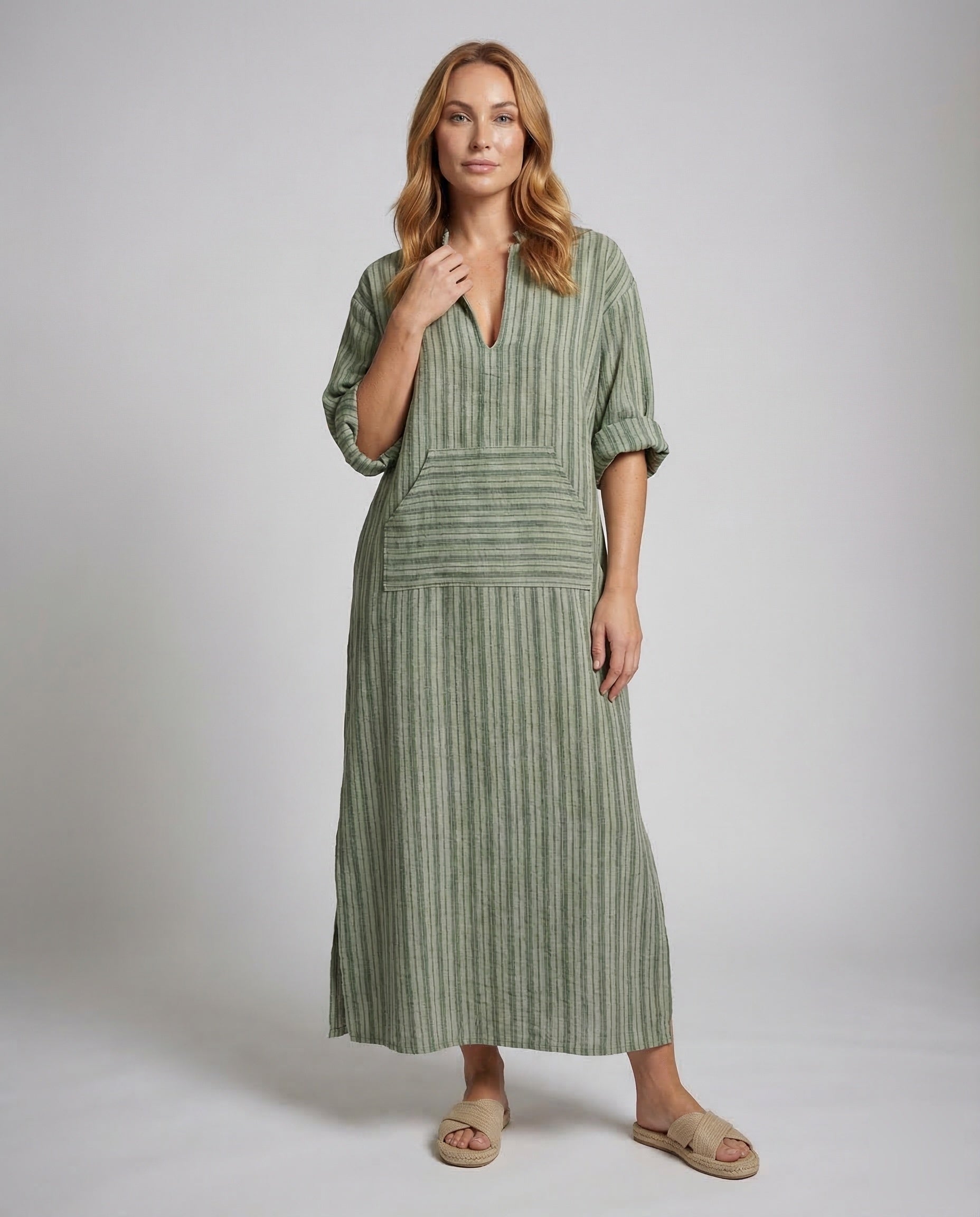 Abito Maxi Donna in Lino Mix con Struttura a Righe Boho - Brentozzi