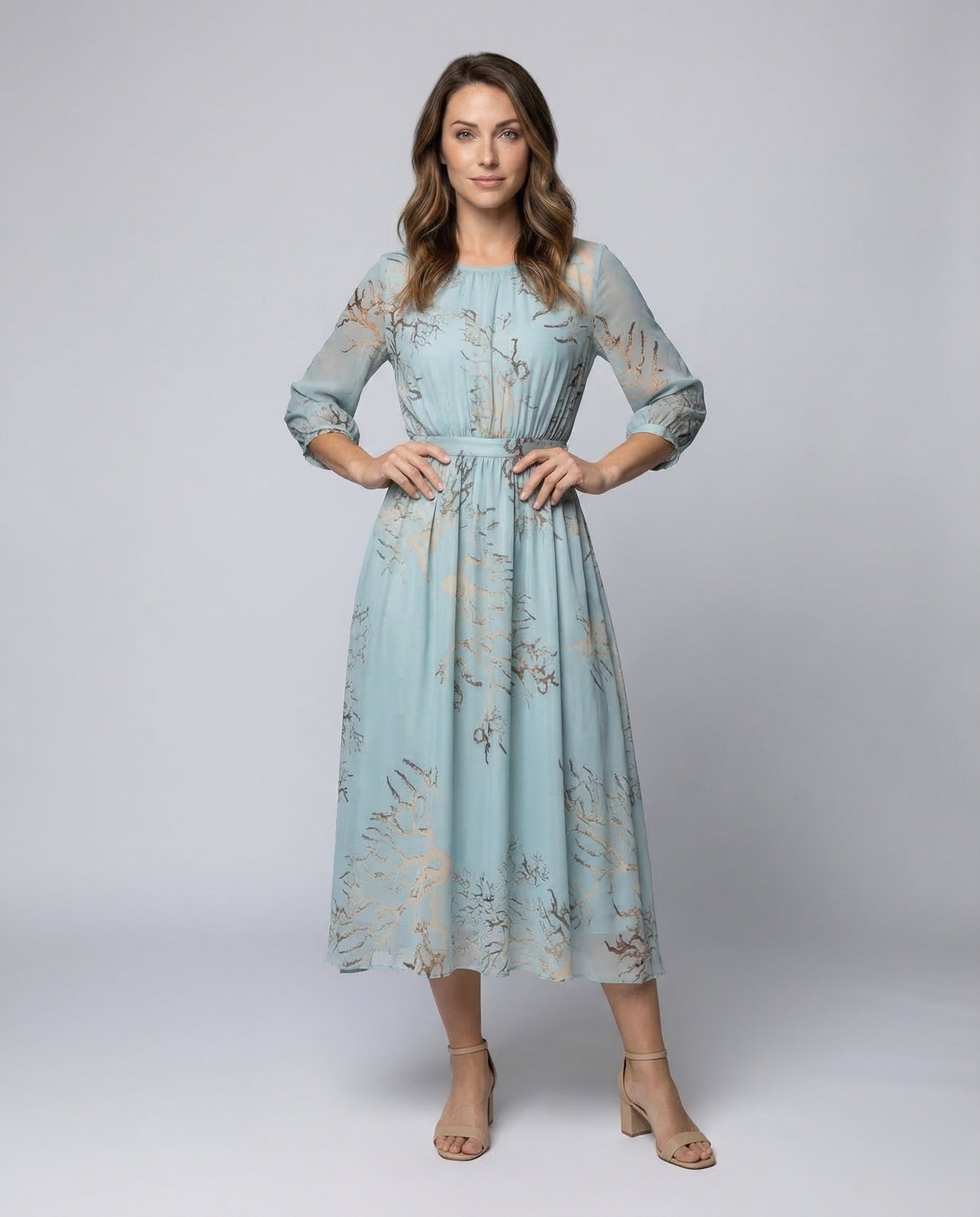 Abito Midi Donna in Chiffon Manica Tre Quarti Trasparente - Brentozzi
