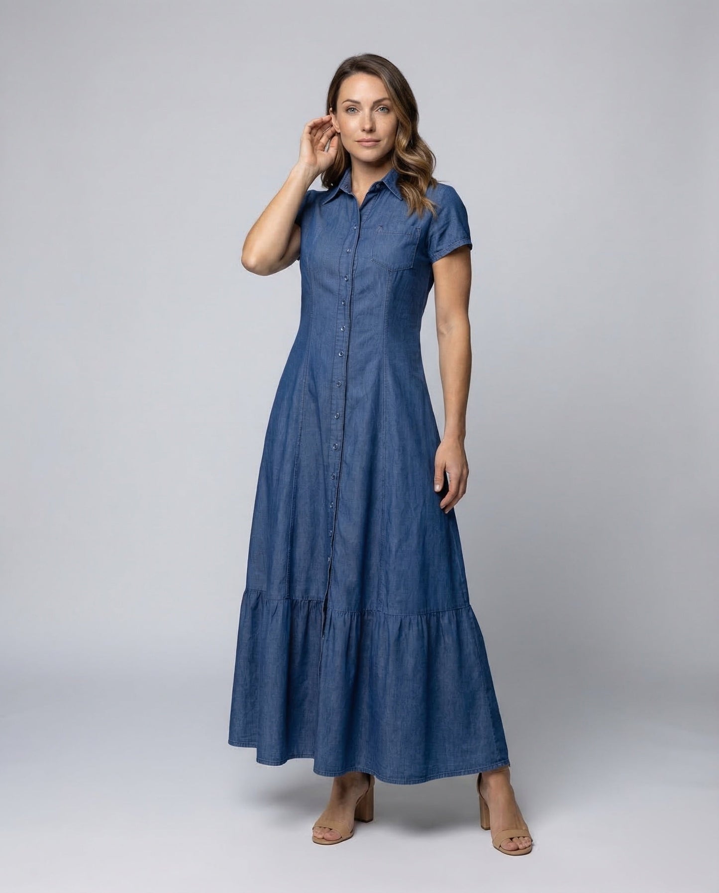 Abito Maxi Donna Colletto Camicia Volant a Balze - Brentozzi