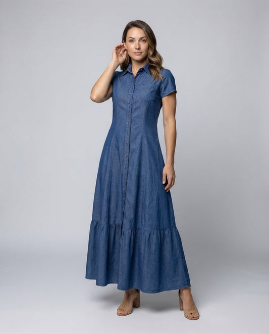 Abito Maxi Donna Colletto Camicia Volant a Balze - Brentozzi