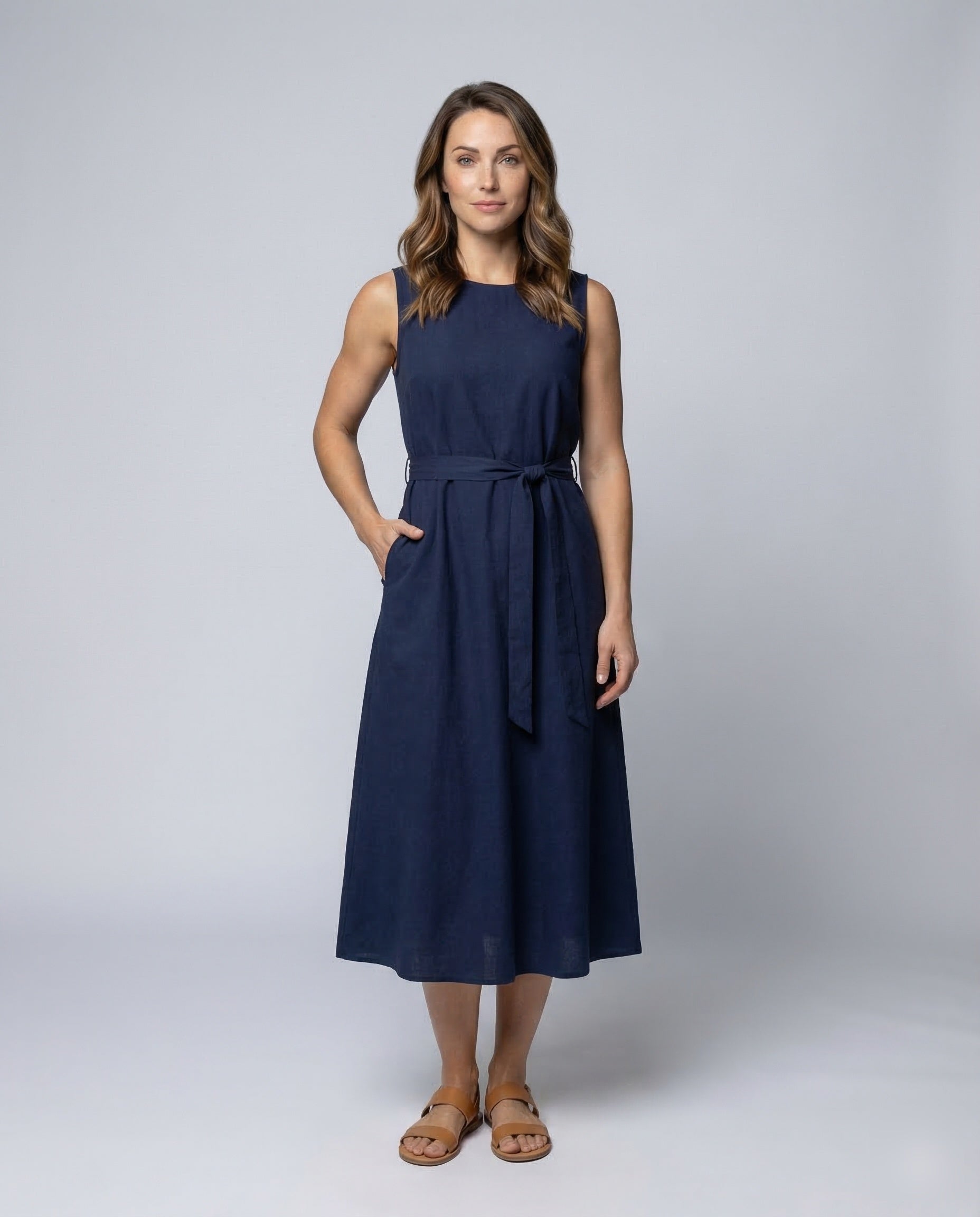 Abito Midi Donna Smanicato con Cintura in Vita - Brentozzi