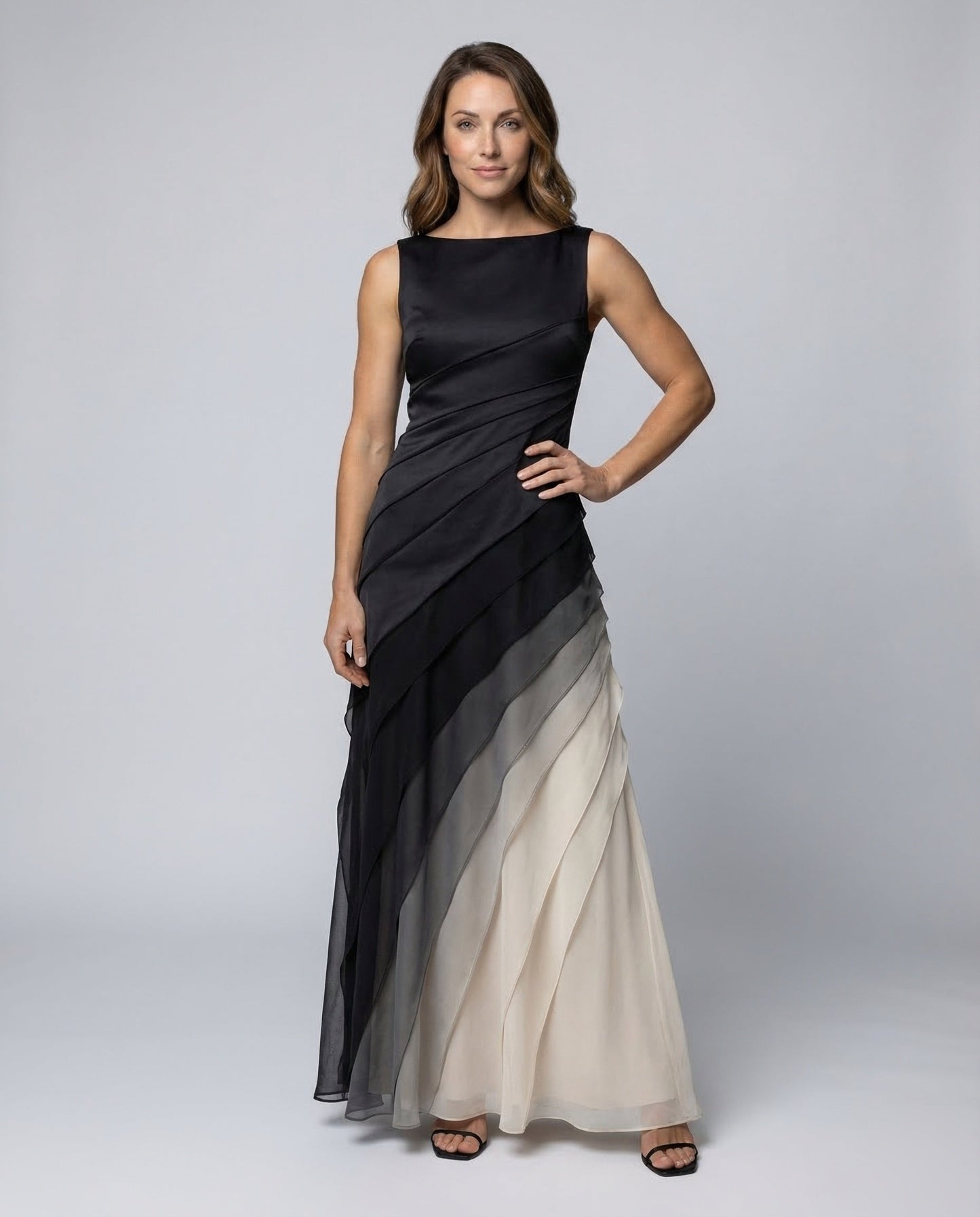 Abito da Sera Donna in Satin Gonna a Balze in Chiffon - Brentozzi