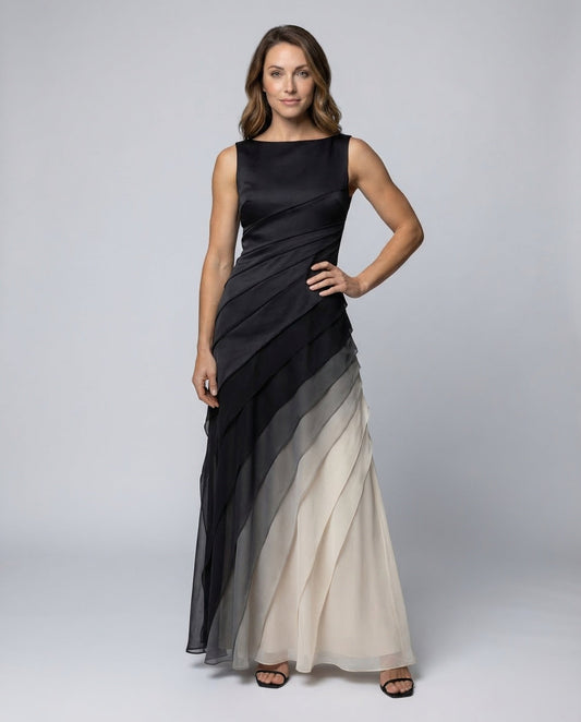 Abito da Sera Donna in Satin Gonna a Balze in Chiffon - Brentozzi