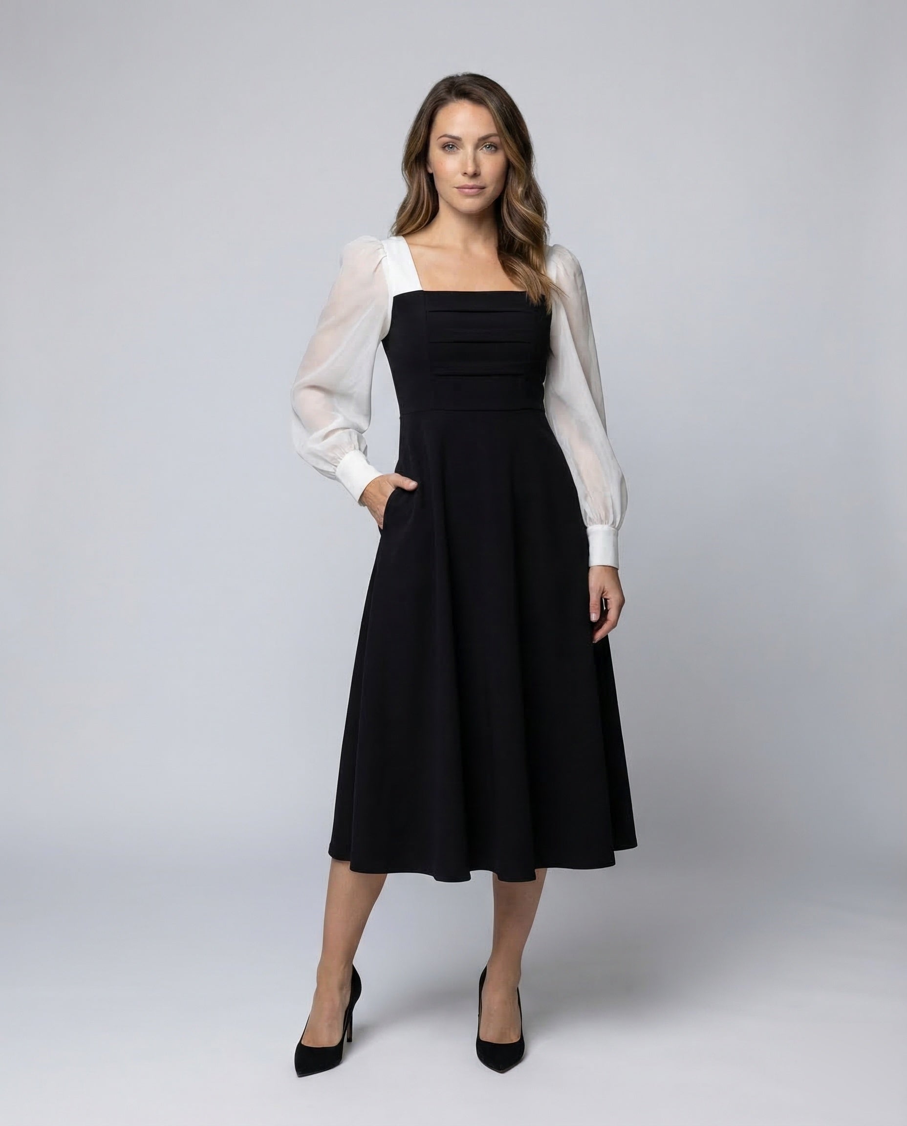 Abito Midi Donna Maniche Chiffon Arricciate - Brentozzi