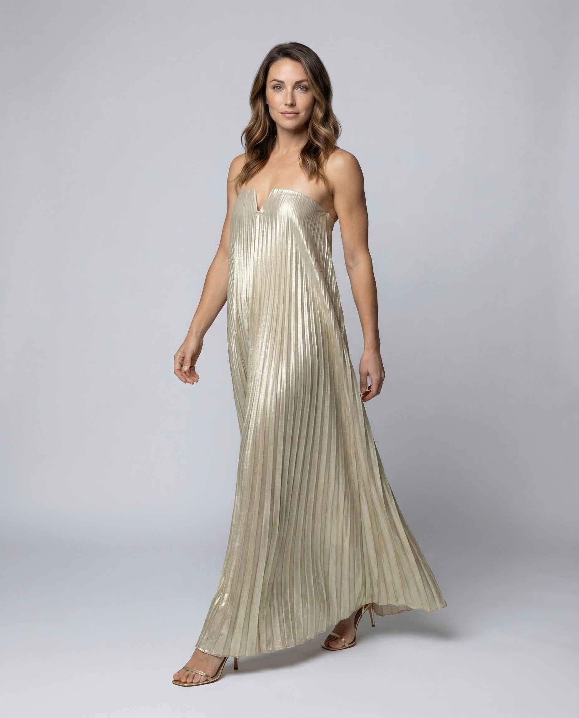 Abito Maxi Donna Plissé Seta Effetto Satinato Strapless - Brentozzi
