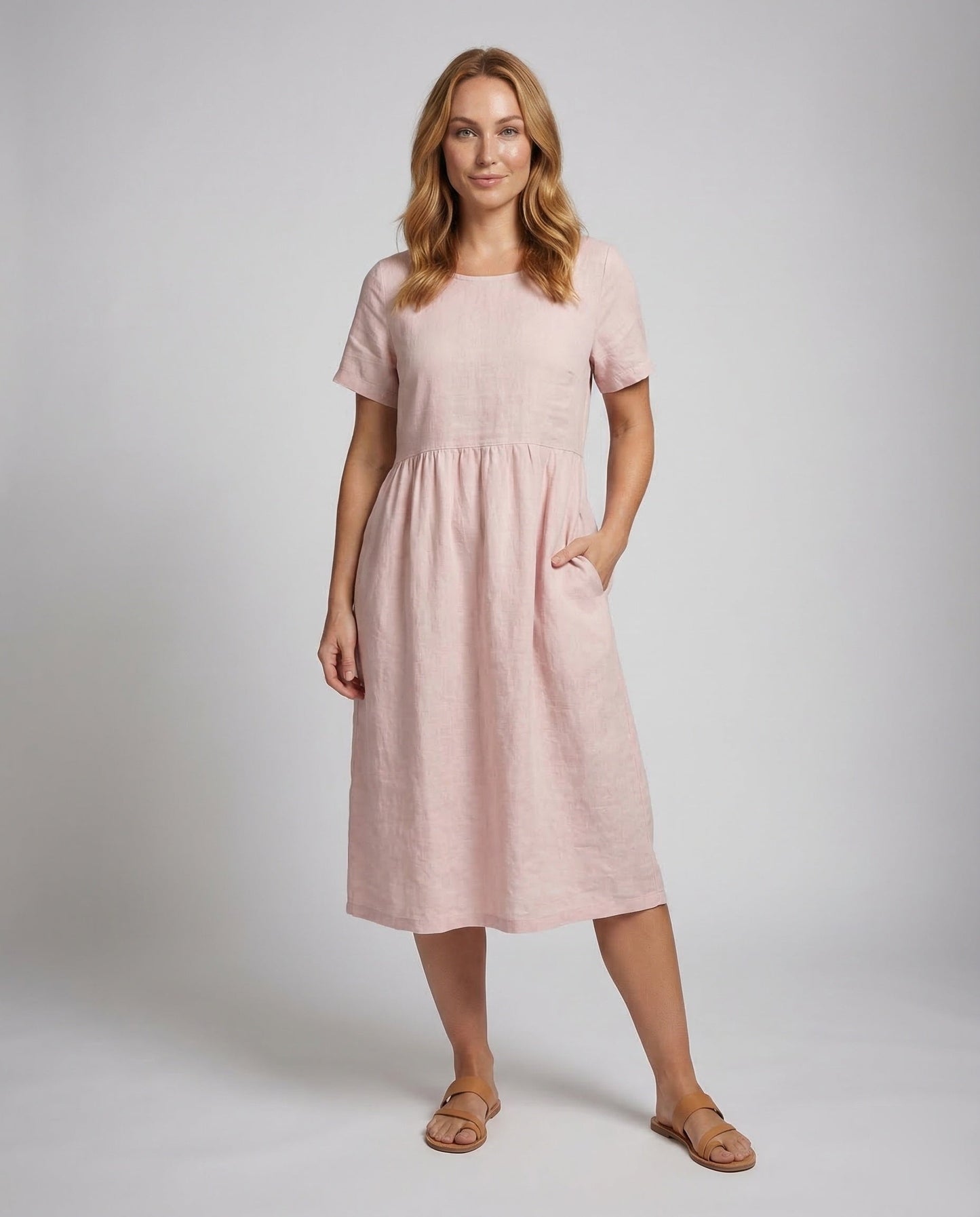 Abito Midi Donna in Lino e Cotone con Sottoseno Arricciato - Brentozzi