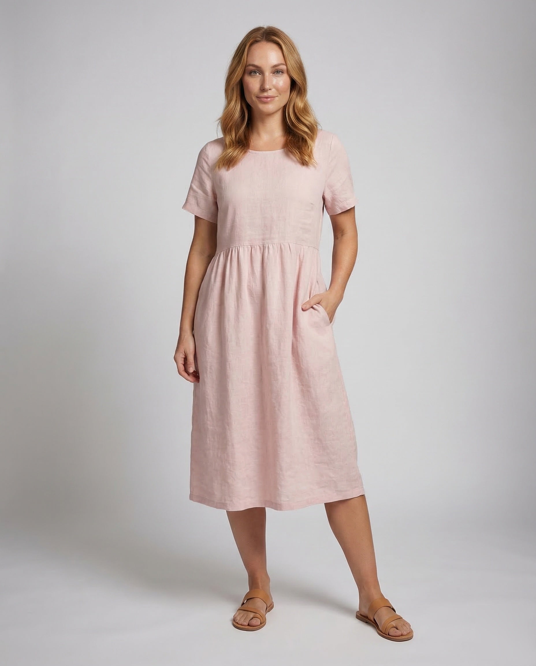 Abito Midi Donna in Lino e Cotone con Sottoseno Arricciato - Brentozzi