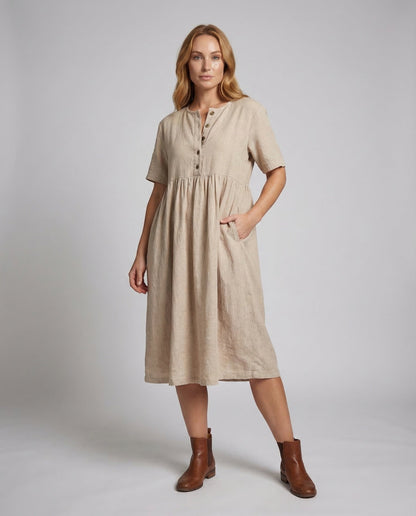 Abito Midi Donna in Lino e Cotone con Bottoni Corti - Brentozzi