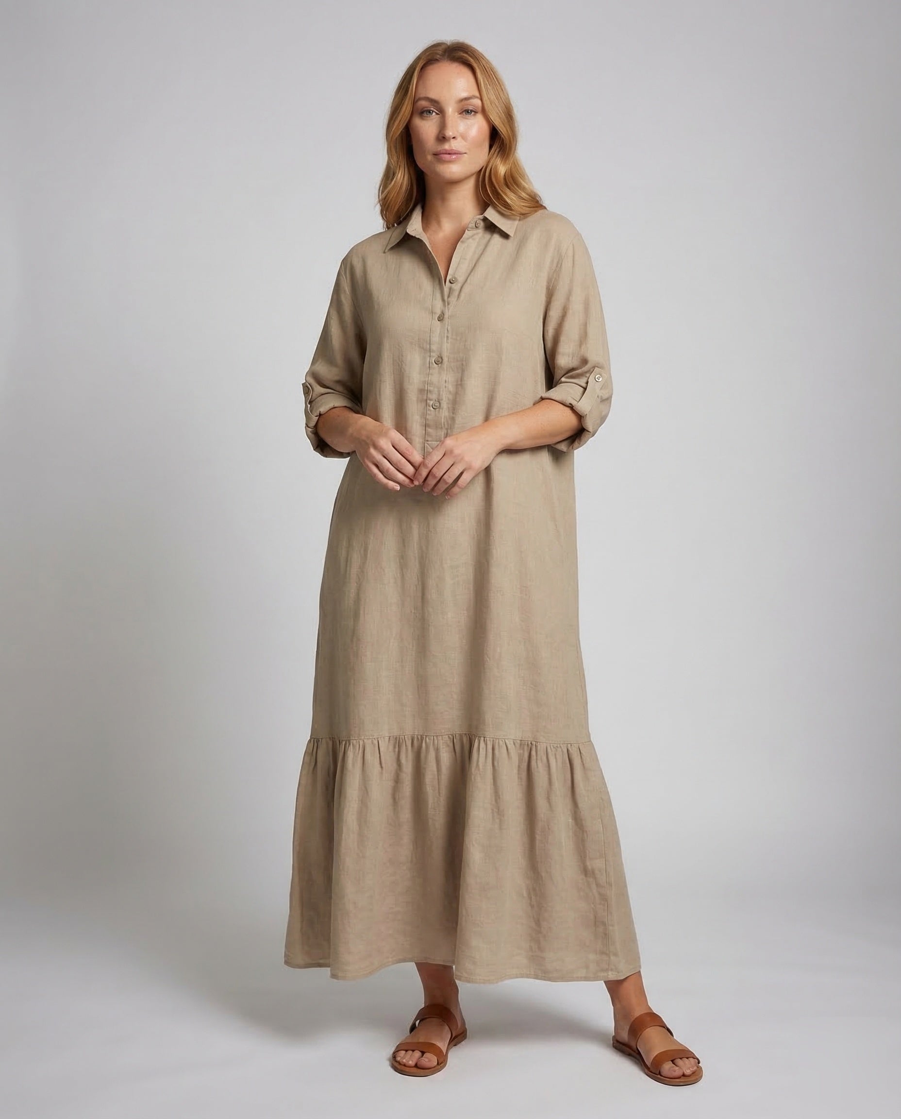 Abito Maxi Donna Taglio Camicia Bordo a Volant - Brentozzi