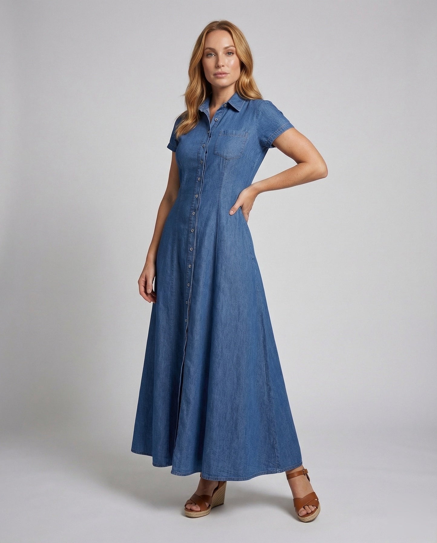 Abito Maxidress Donna Effetto Jeans Gonna a Balze - Brentozzi