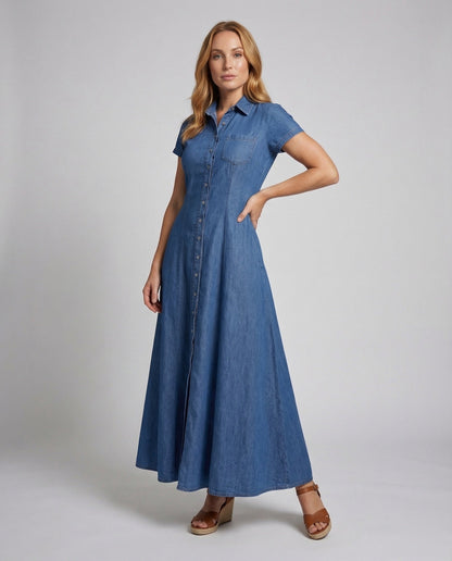 Abito Maxidress Donna Effetto Jeans Gonna a Balze - Brentozzi
