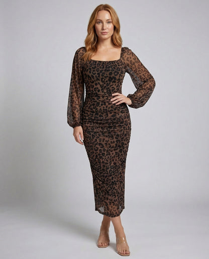 Abito Midi Donna Fantasia Animalier Manica a Palloncino - Brentozzi