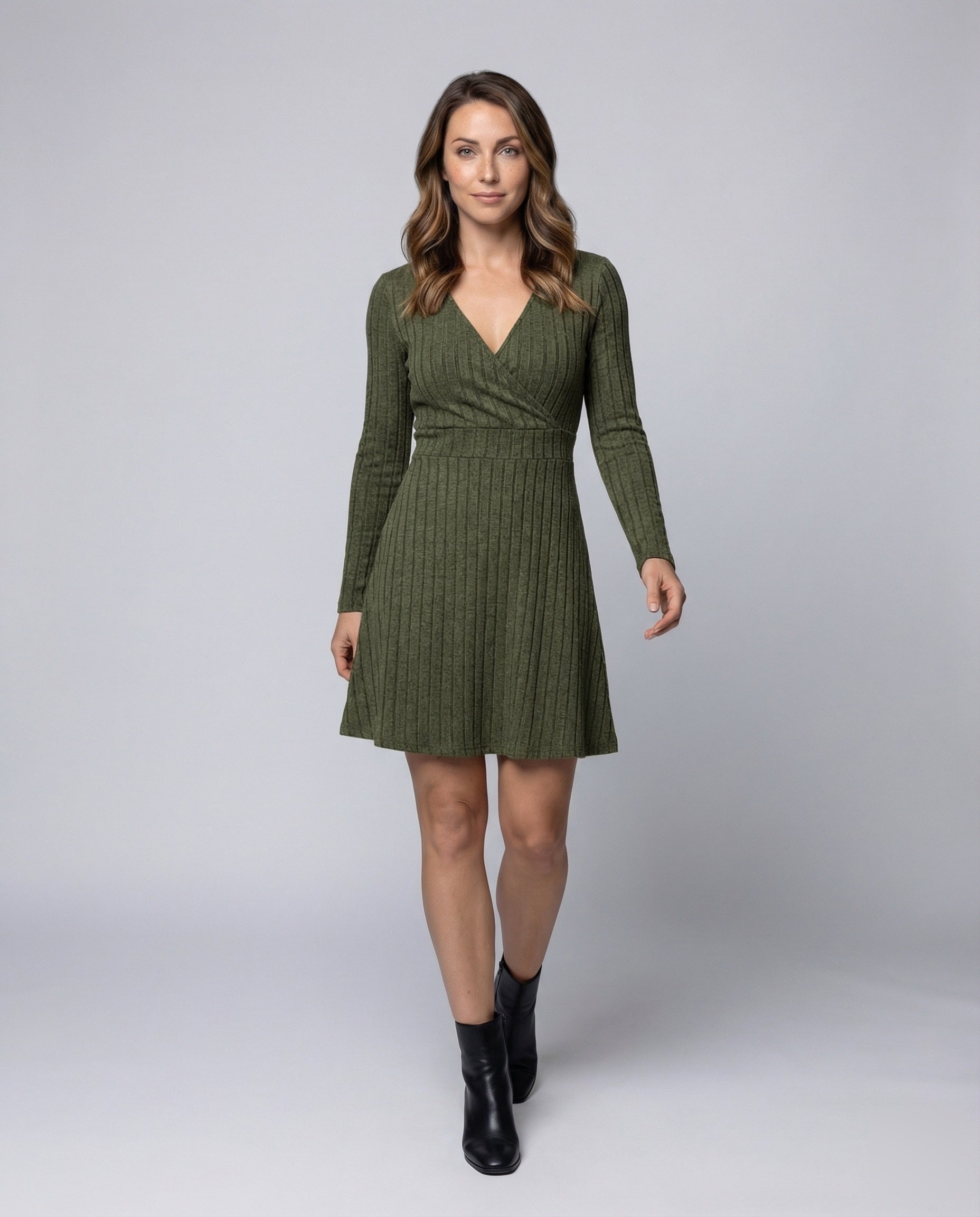 Abito Donna in Maglia a Costine Scollo Incrociato Linea A Slim - Brentozzi