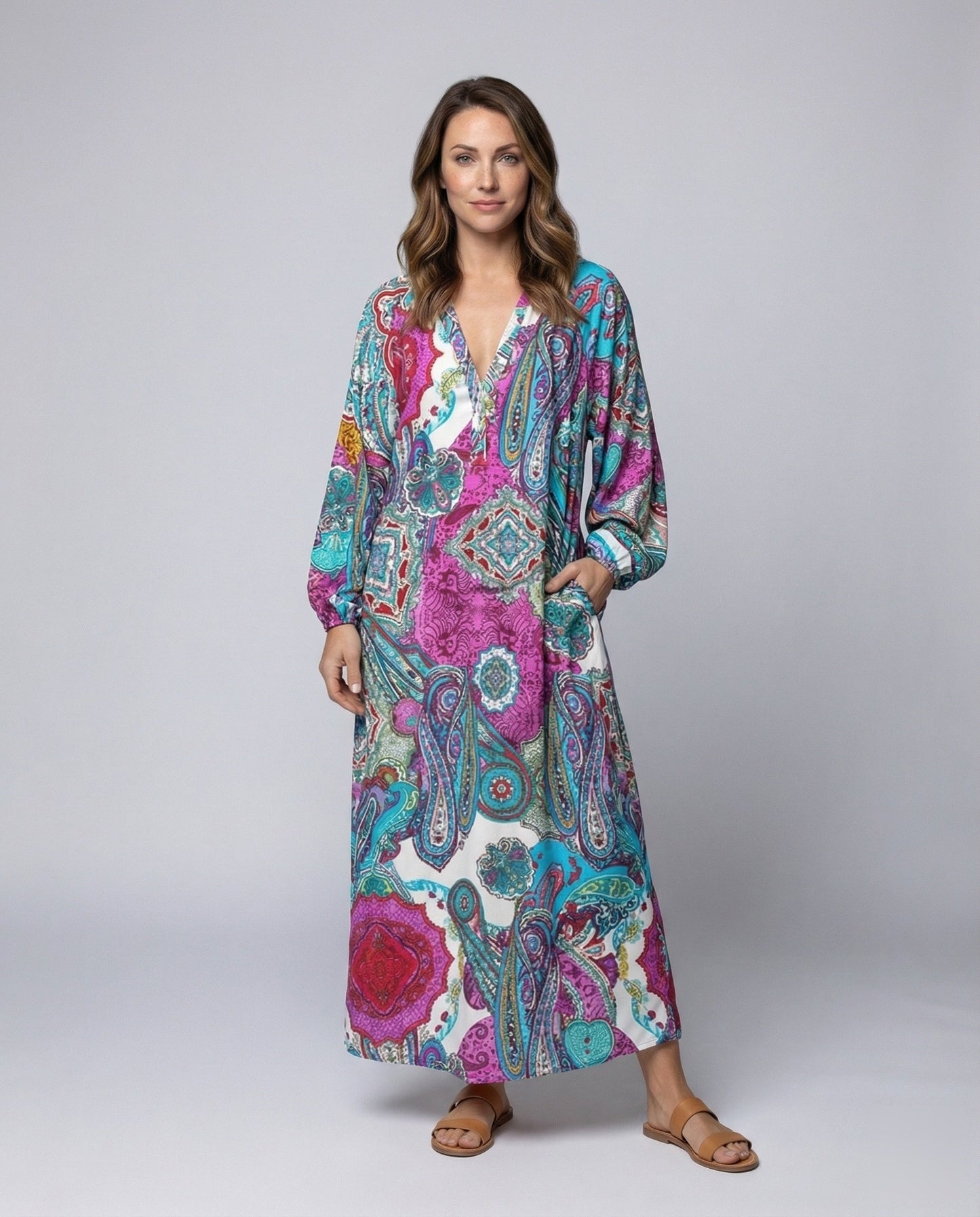 Abito Kaftano Donna Stile Boho Scollo Profondo - Brentozzi