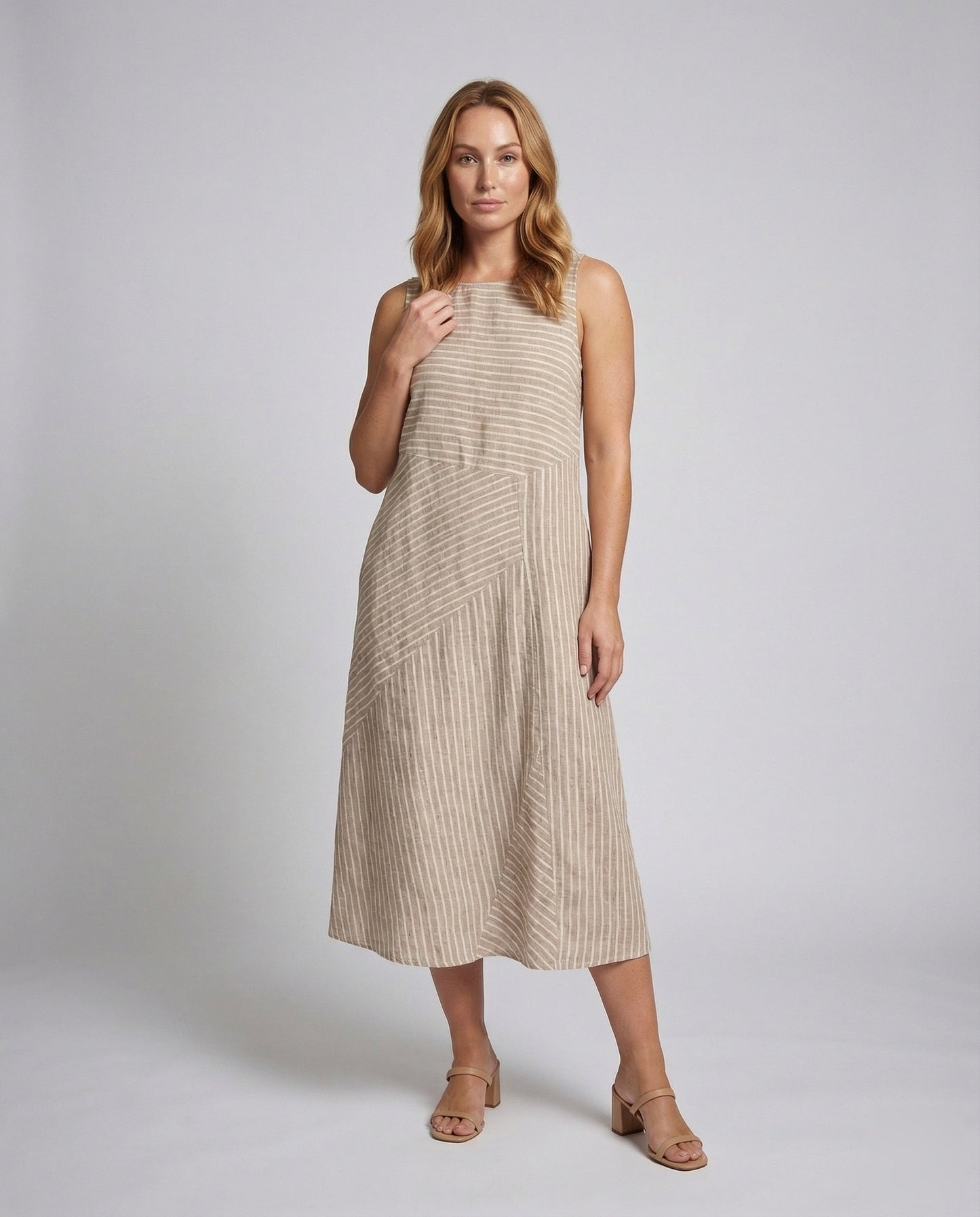 Abito Midi Donna in Misto Lino Fantasia a Righe Diagonali - Brentozzi