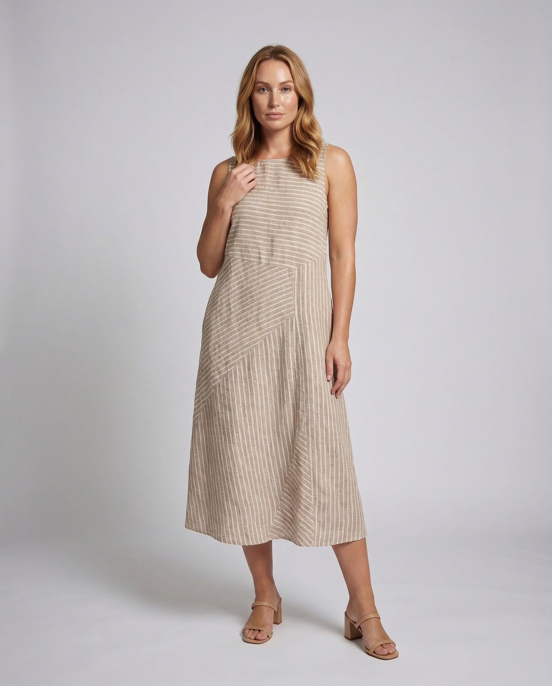 Abito Midi Donna in Misto Lino Fantasia a Righe Diagonali - Brentozzi