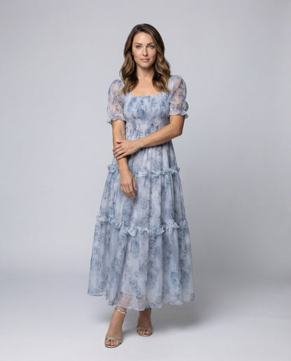 Abito Maxi Donna in Chiffon Fantasia Floreale con Volant - Brentozzi