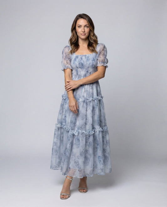 Abito Maxi Donna in Chiffon Fantasia Floreale con Volant - Brentozzi
