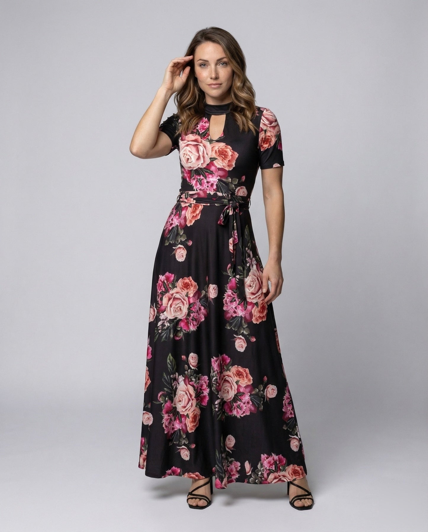 Abito Maxi Donna con Stampa Floreale e Spacco sul Décolleté - Brentozzi