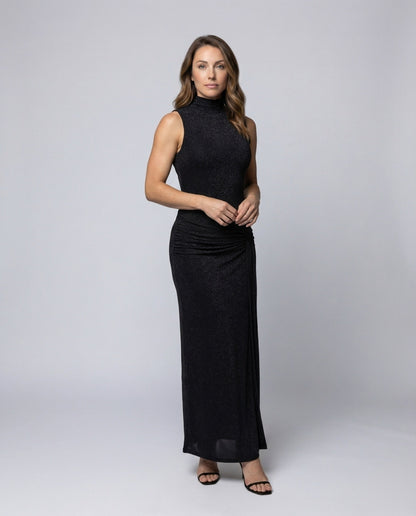 Abito Maxi Donna con Collo Alto e Drappeggio Laterale - Brentozzi
