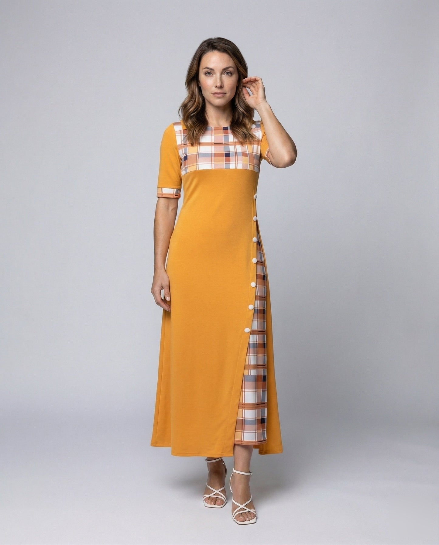 Abito Maxi Donna in Jersey con Inserto Quadrettato al Seno - Brentozzi