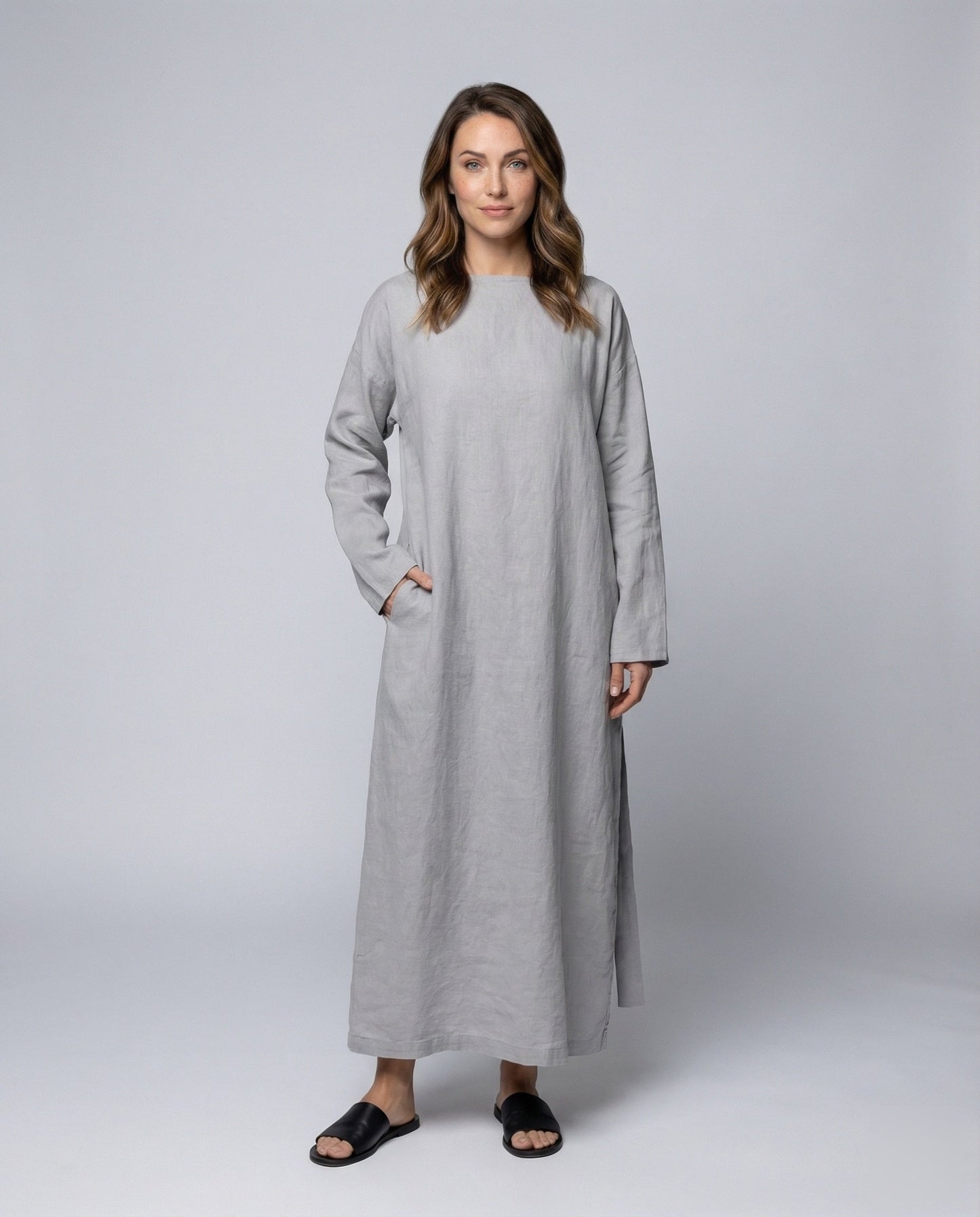 Abito Midi Donna in Lino con Cintura e Manica - Brentozzi
