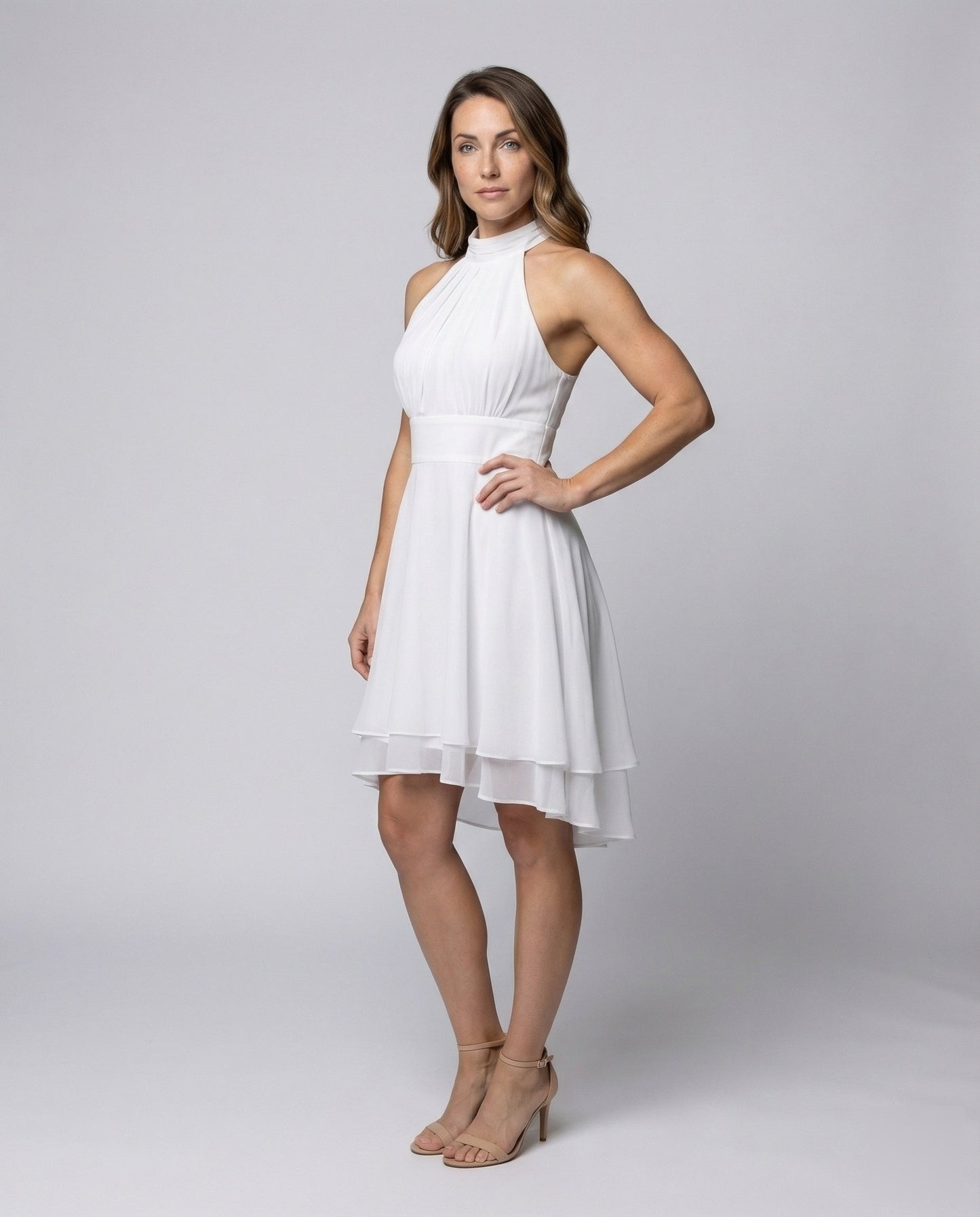 Abito Donna in Chiffon Scollo Halter Orlo Asimmetrico a Balze - Brentozzi