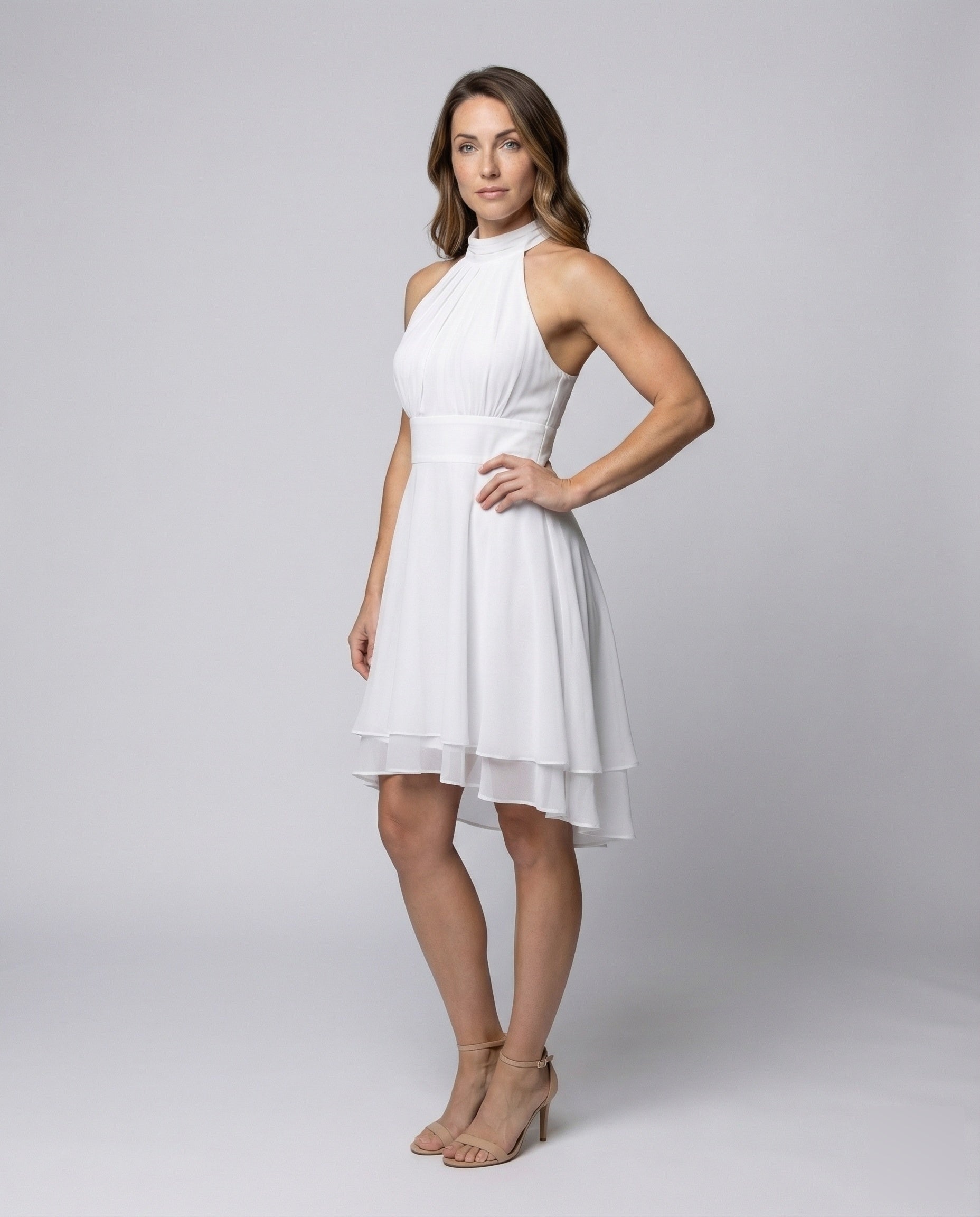 Abito Donna in Chiffon Scollo Halter Orlo Asimmetrico a Balze - Brentozzi