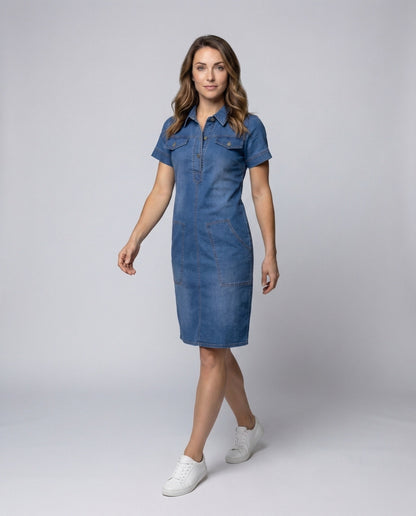 Abito Camicia Denim Donna Tasche sul Petto Lunghezza Ginocchio - Brentozzi