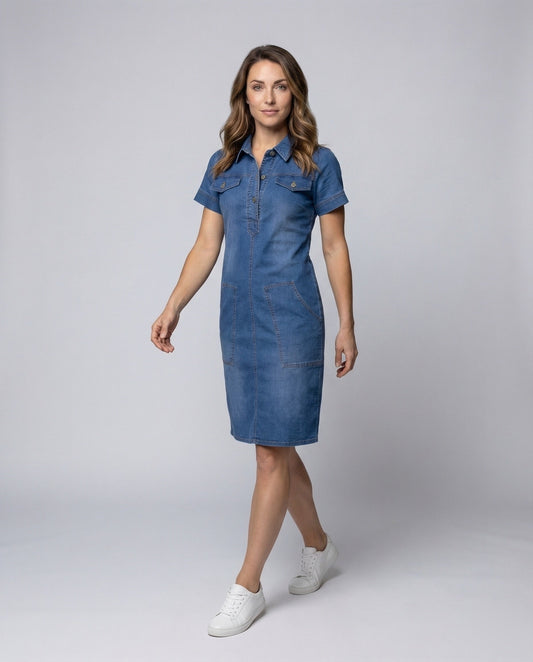 Abito Camicia Denim Donna Tasche sul Petto Lunghezza Ginocchio - Brentozzi