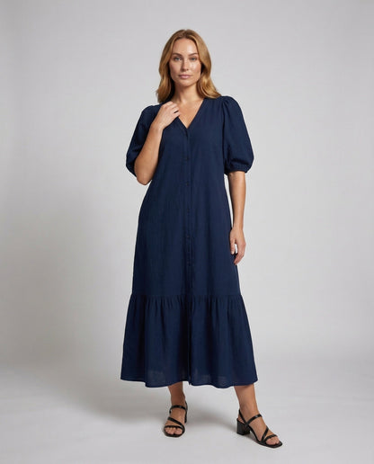 Abito Maxi Donna Cotone Lino Manica a Sbuffo Gonna a Balze - Brentozzi