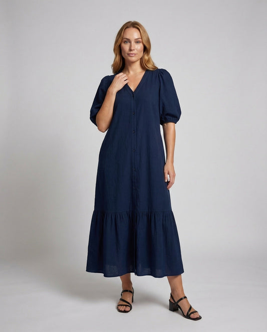 Abito Maxi Donna Cotone Lino Manica a Sbuffo Gonna a Balze - Brentozzi