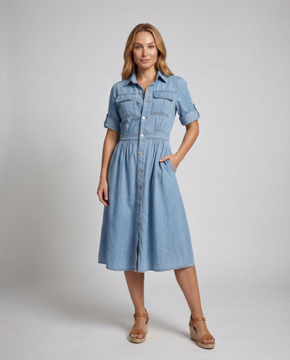 Abito Midi Donna in Jeans Vita Arricciata Tasche Laterali - Brentozzi