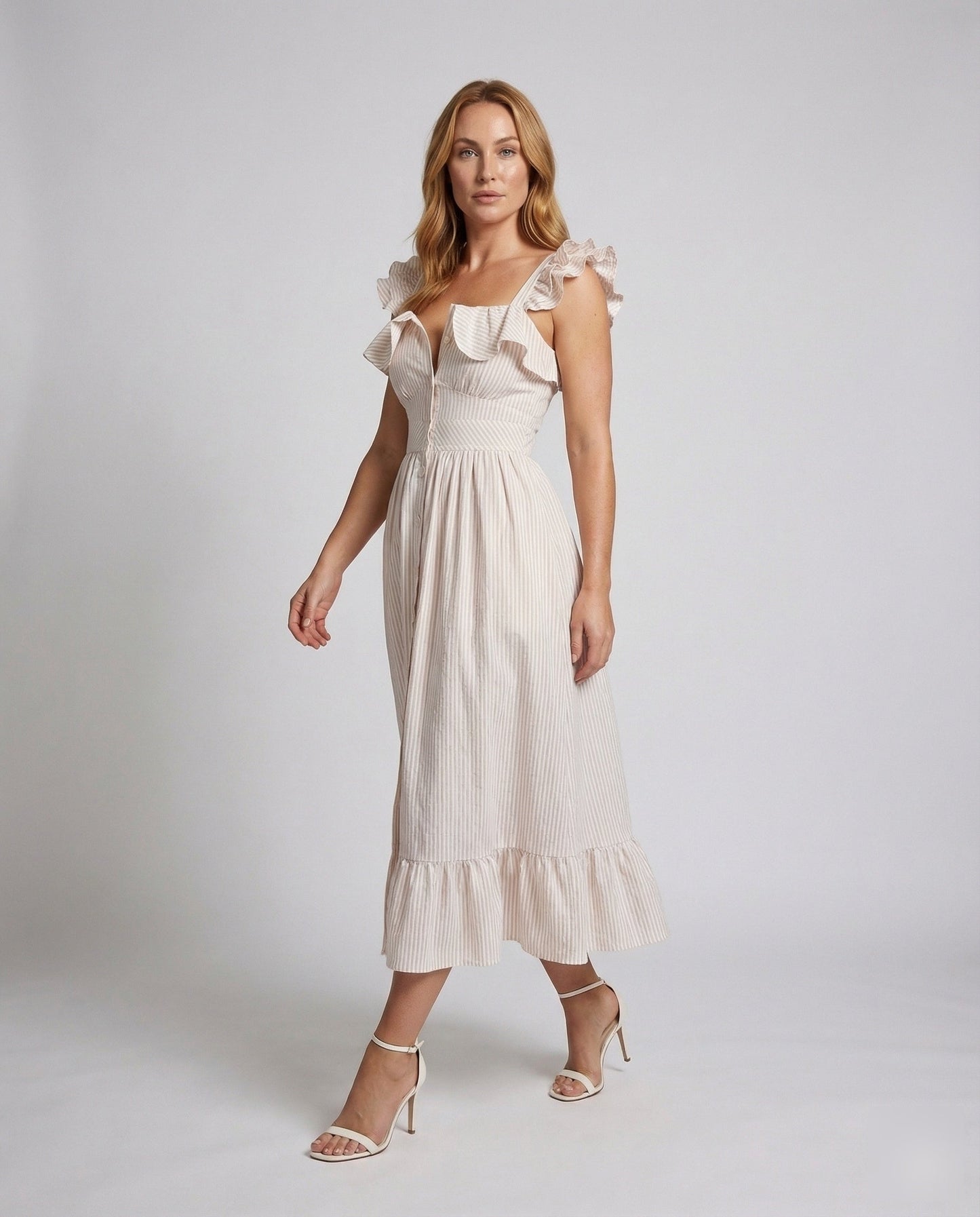 Abito Midi Donna con Spalline a Volant Gonna Plissettata - Brentozzi