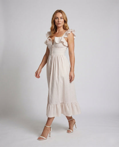 Abito Midi Donna con Spalline a Volant Gonna Plissettata - Brentozzi