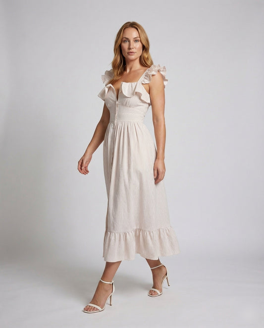 Abito Midi Donna con Spalline a Volant Gonna Plissettata - Brentozzi