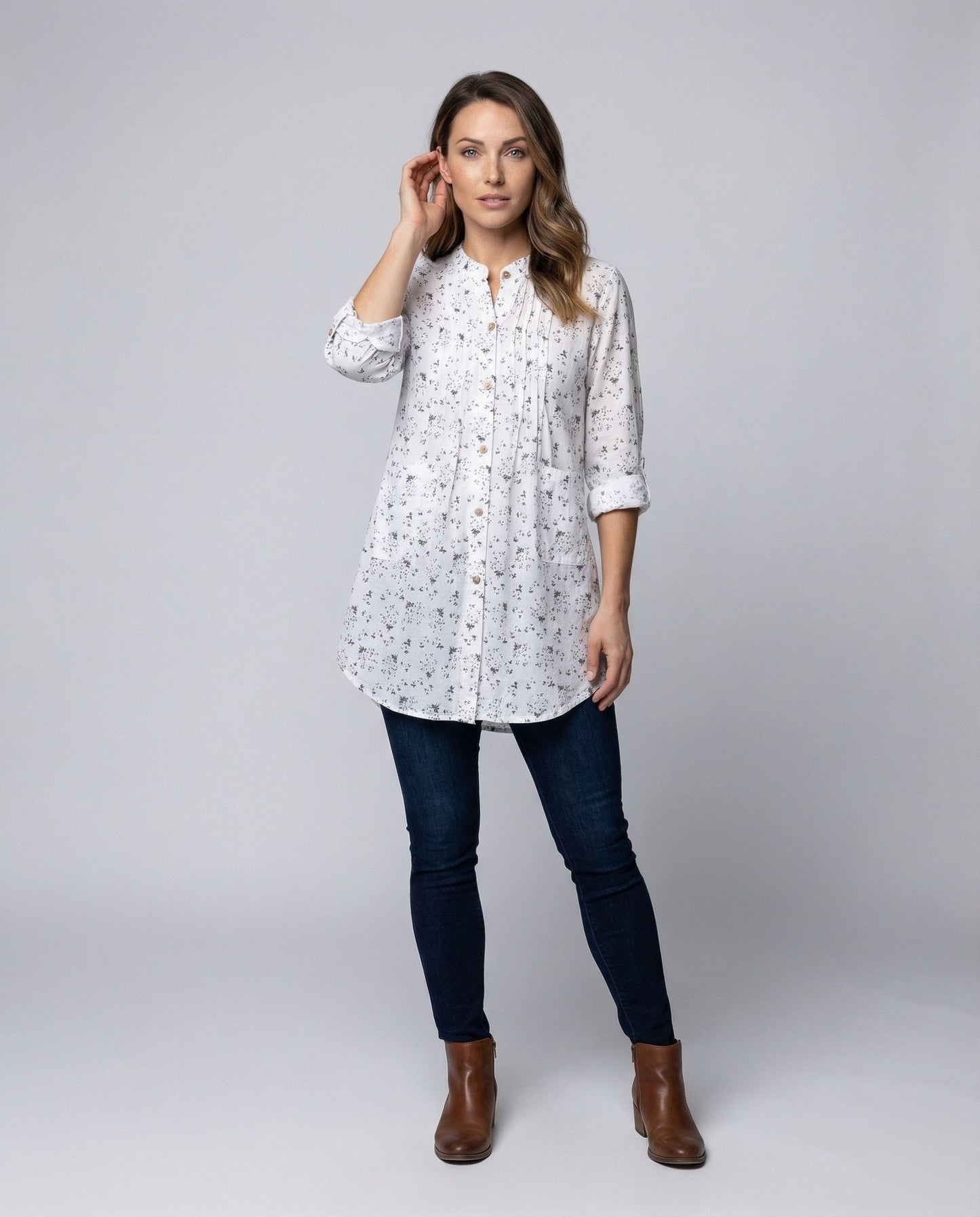 Camicia Donna Effetto Lino Collo Coreana Pieghe sul Petto - Brentozzi