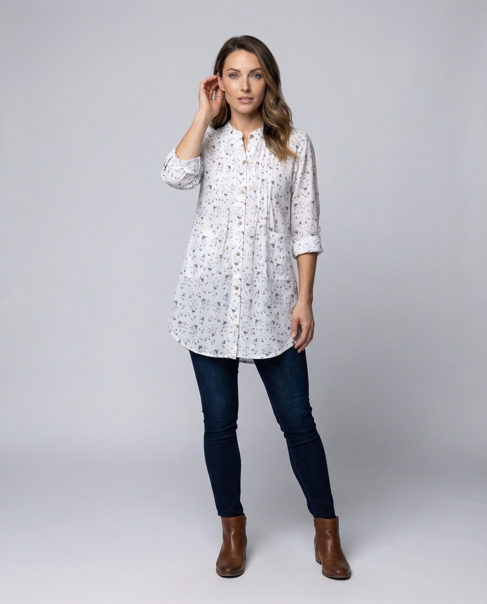 Camicia Donna Effetto Lino Collo Coreana Pieghe sul Petto - Brentozzi