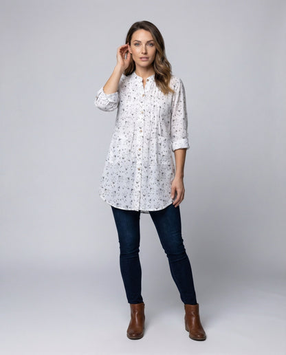 Camicia Donna Effetto Lino Collo Coreana Pieghe sul Petto - Brentozzi