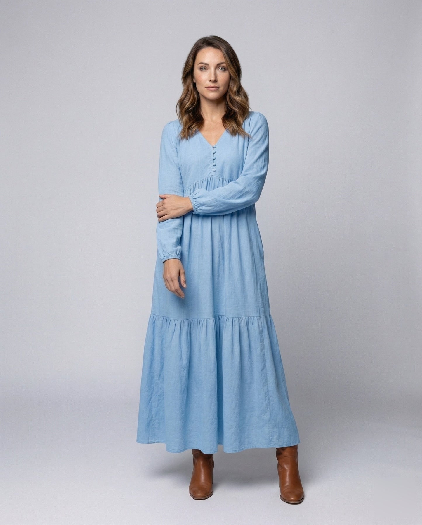 Abito Maxi Donna in Lino Svasato con Spacco - Brentozzi