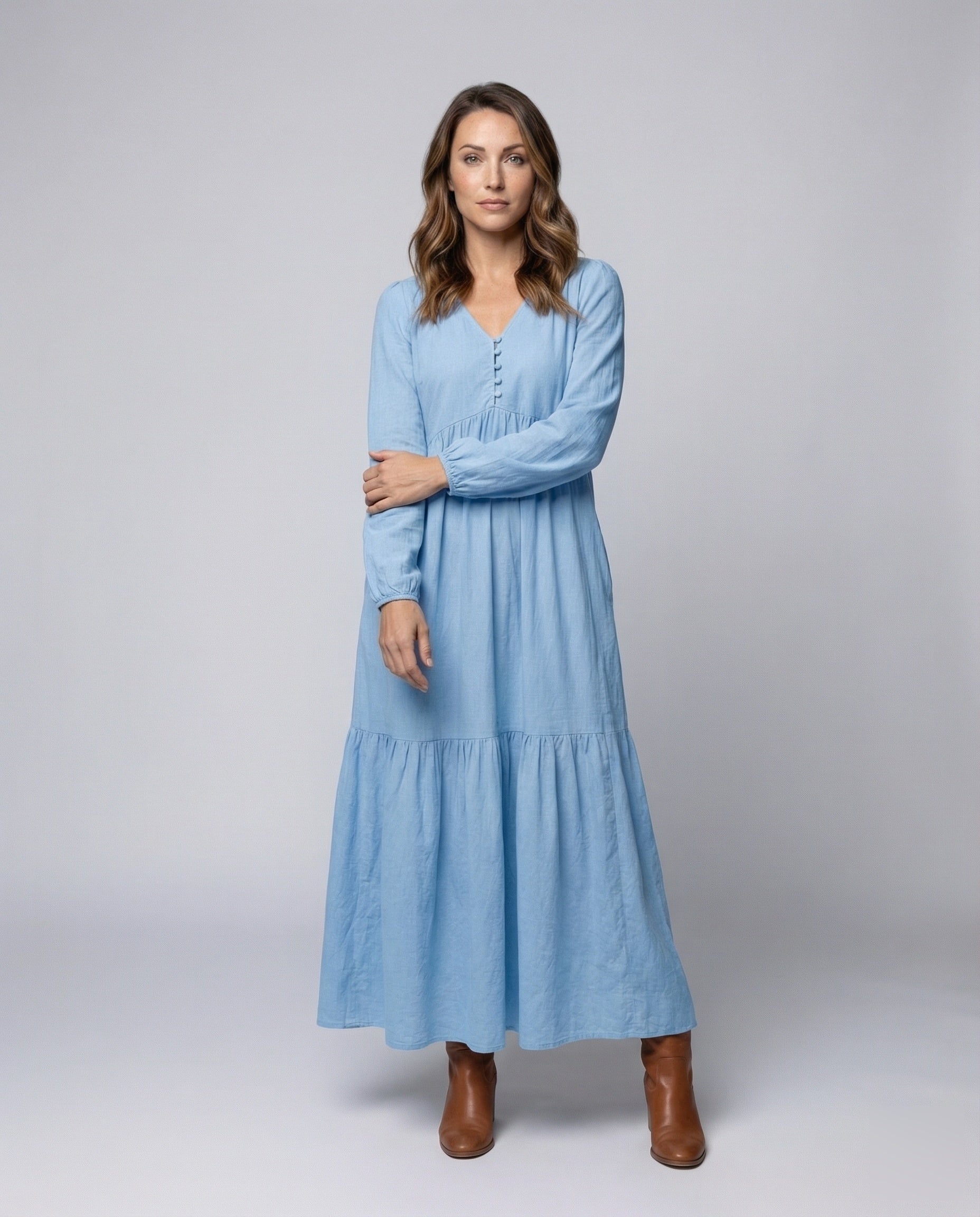 Abito Maxi Donna in Lino Svasato con Spacco - Brentozzi