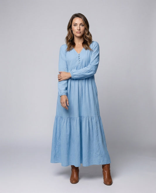 Abito Maxi Donna in Lino Svasato con Spacco - Brentozzi