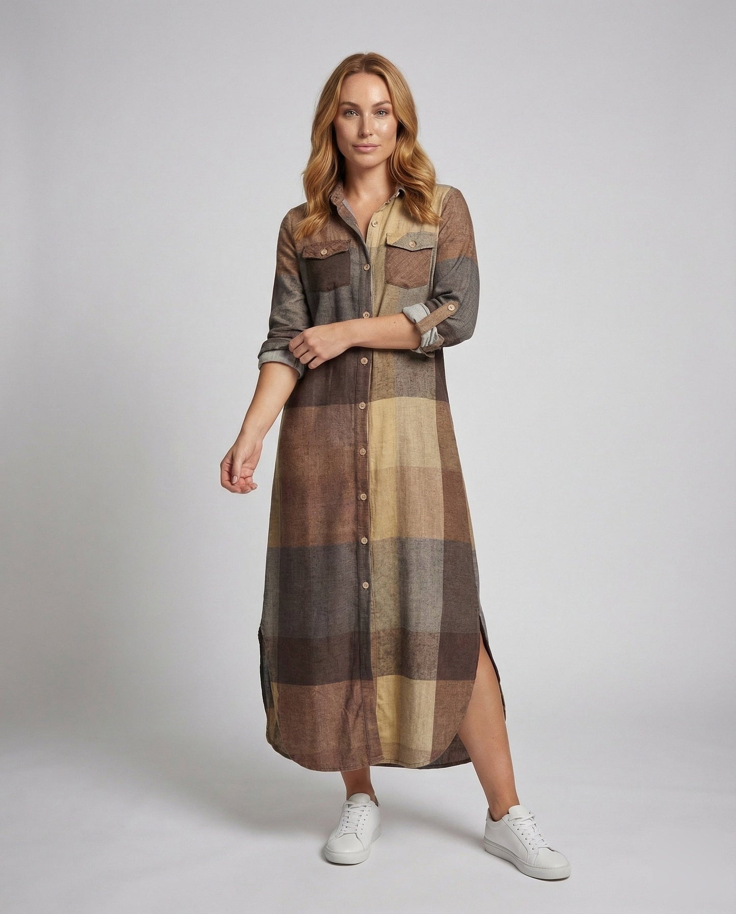 Abito Camicia Donna in Cotone Quadri Spacco Laterale Alto - Brentozzi