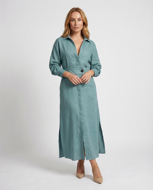 Abito Camicia Donna in Lino Cintura in Vita Spacco Laterale - Brentozzi