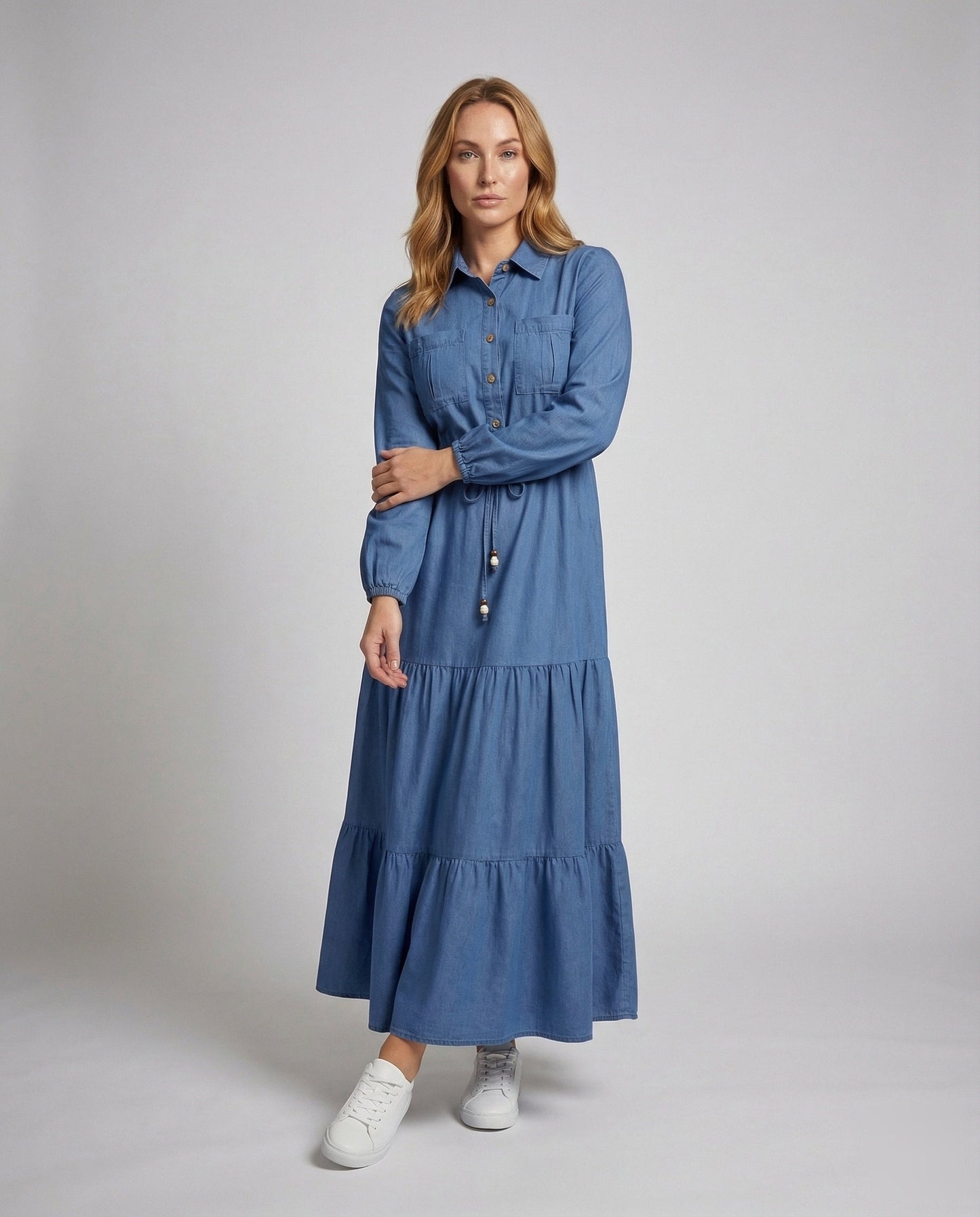 Abito Maxi Donna Colletto Camicia Gonna a Balze - Brentozzi