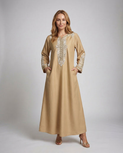 Abito Kaftano Donna in Satin con Ricamo Perline e Polsini Larghi - Brentozzi