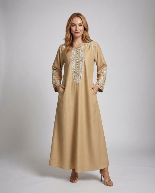 Abito Kaftano Donna in Satin con Ricamo Perline e Polsini Larghi - Brentozzi