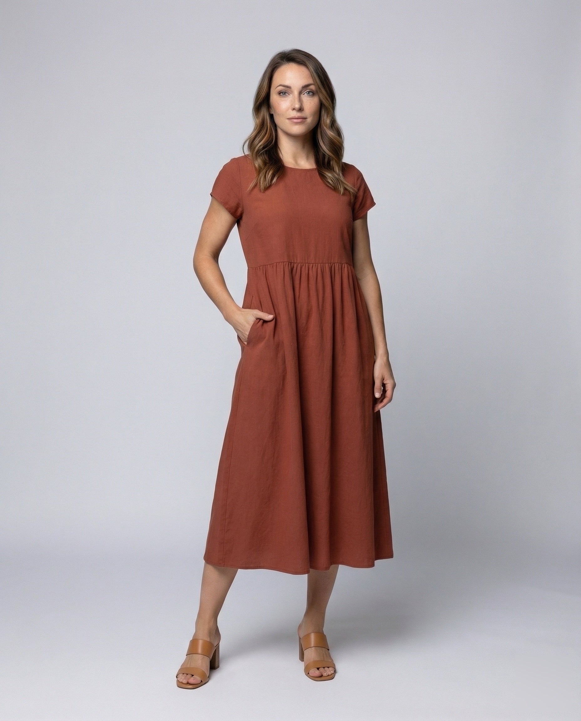 Damen Midikleid Viskosemix Unterbrustraffung - Brentozzi